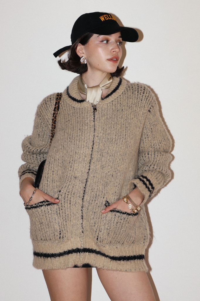 tan and black womens après ski sweater cardigan