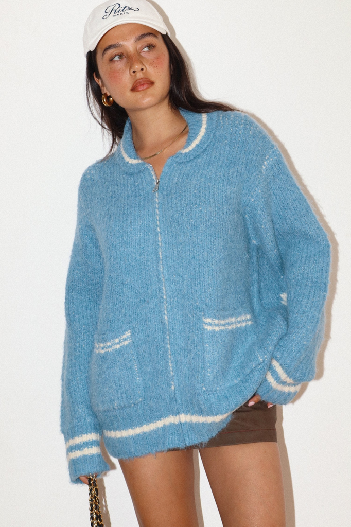 baby blue womens après ski sweater cardigan