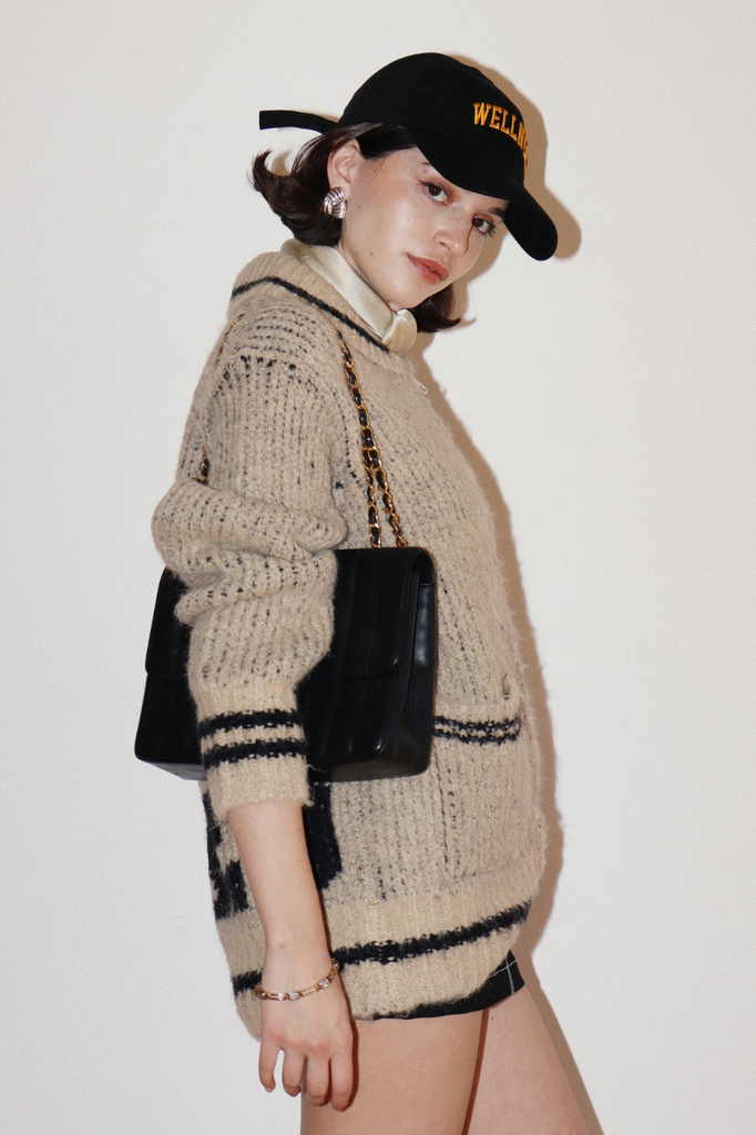 tan and black womens après ski sweater cardigan