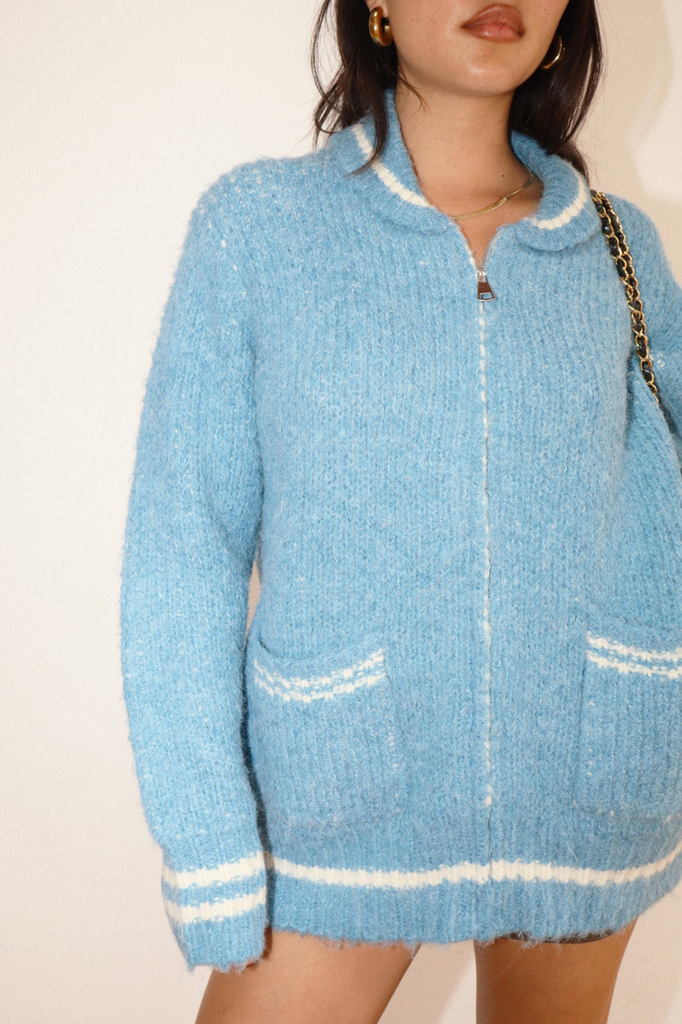 blue womens après ski sweater cardigan