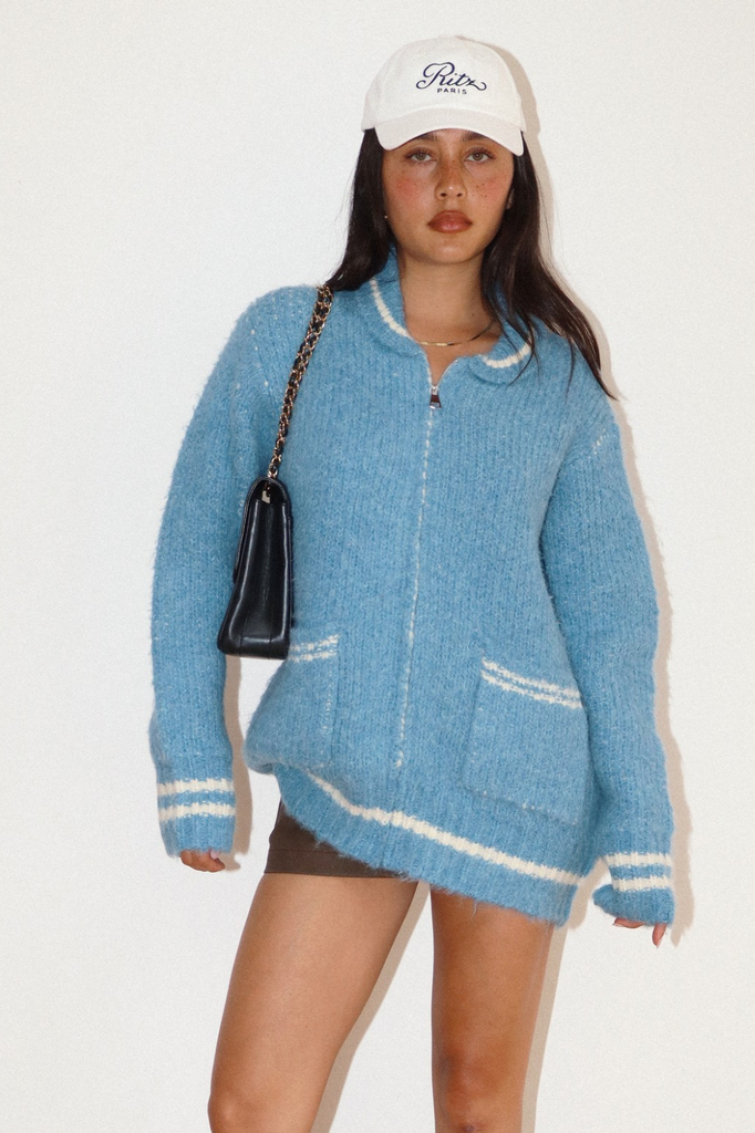 blue womens après ski sweater cardigan