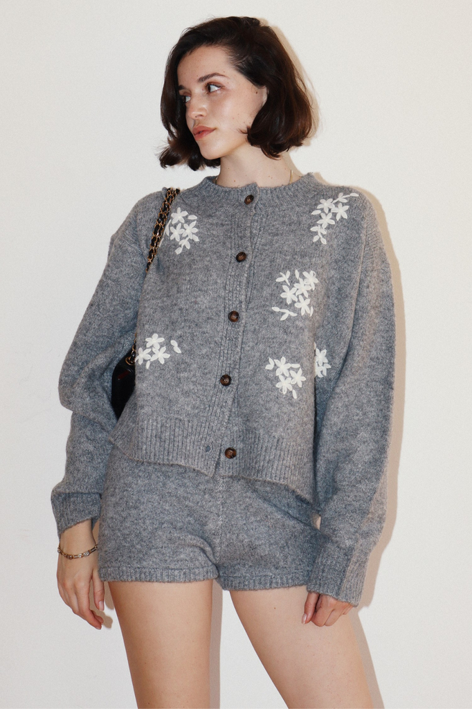 Grey wool cardigan with white floral embroidery motif