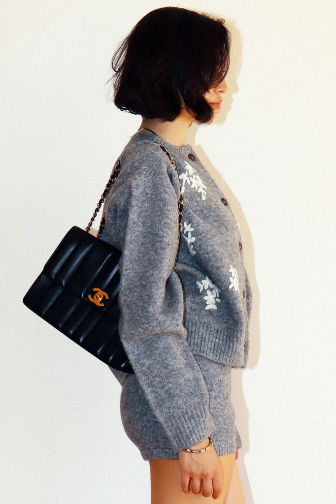 Grey wool cardigan with white floral embroidery motif