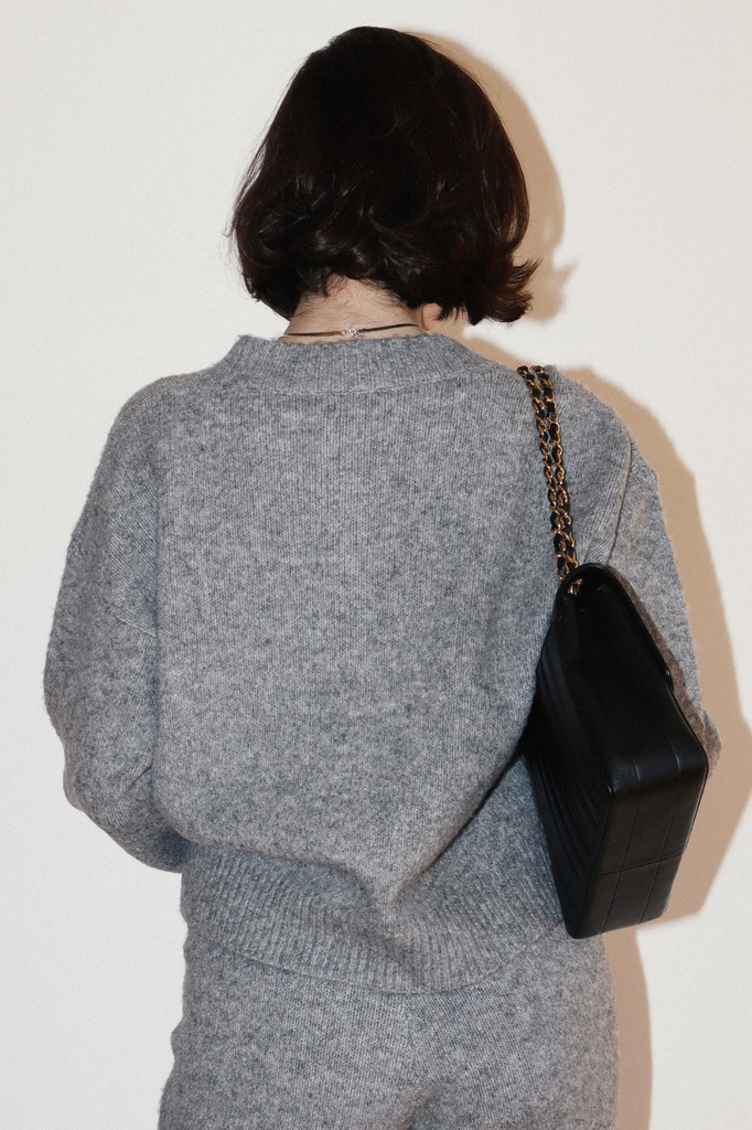 Grey wool cardigan with white floral embroidery motif