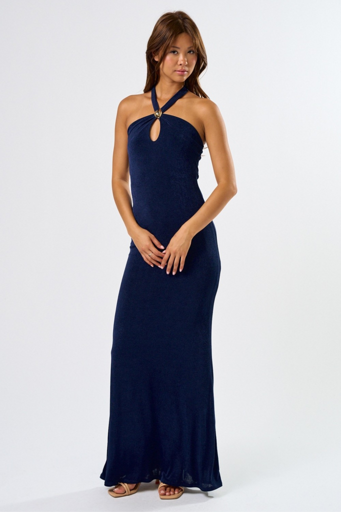 Blue Blush Glam Metal Trim Halter Maxi Dress Navy