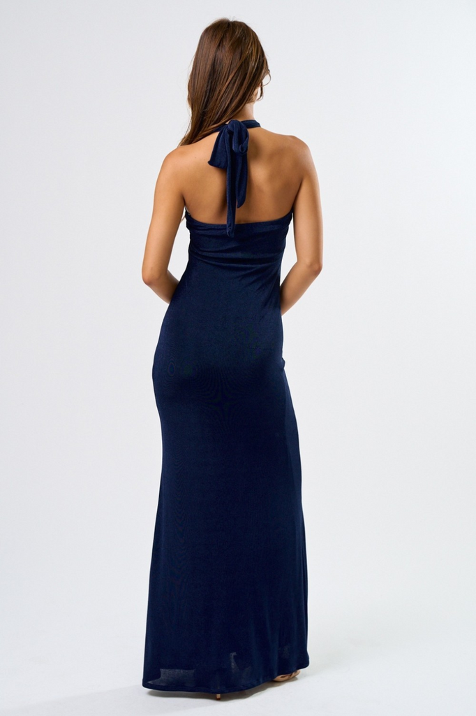 Blue Blush Glam Metal Trim Halter Maxi Dress Navy