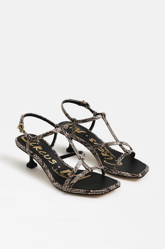 Beige tan faux snake skin strappy high heel shoe