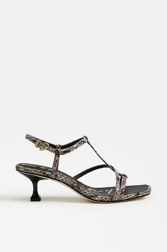 Beige tan faux snake skin strappy high heel shoe