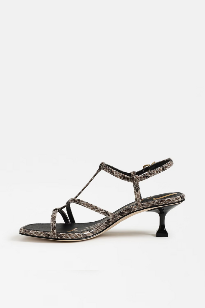 Beige tan faux snake skin strappy high heel shoe