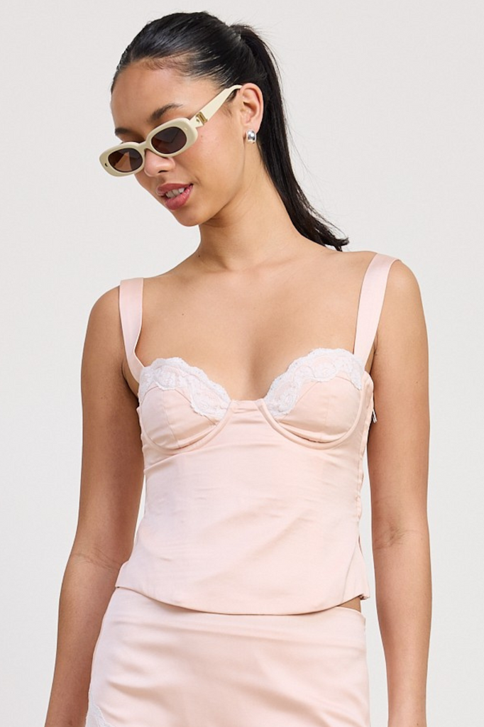 Blush pink bustier top with lace trim