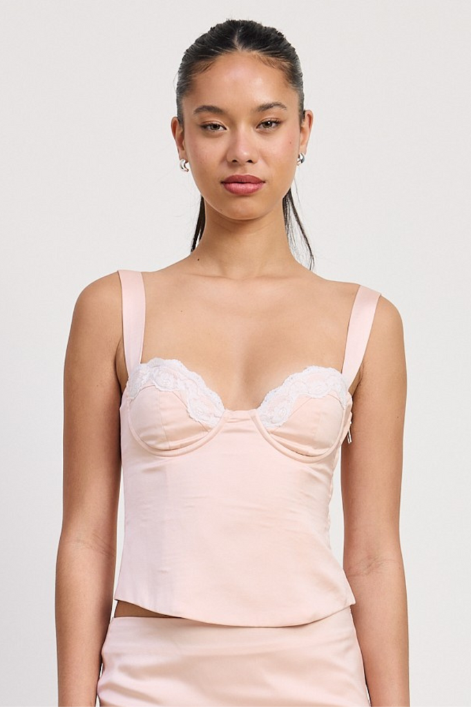 Blush pink bustier top with lace trim