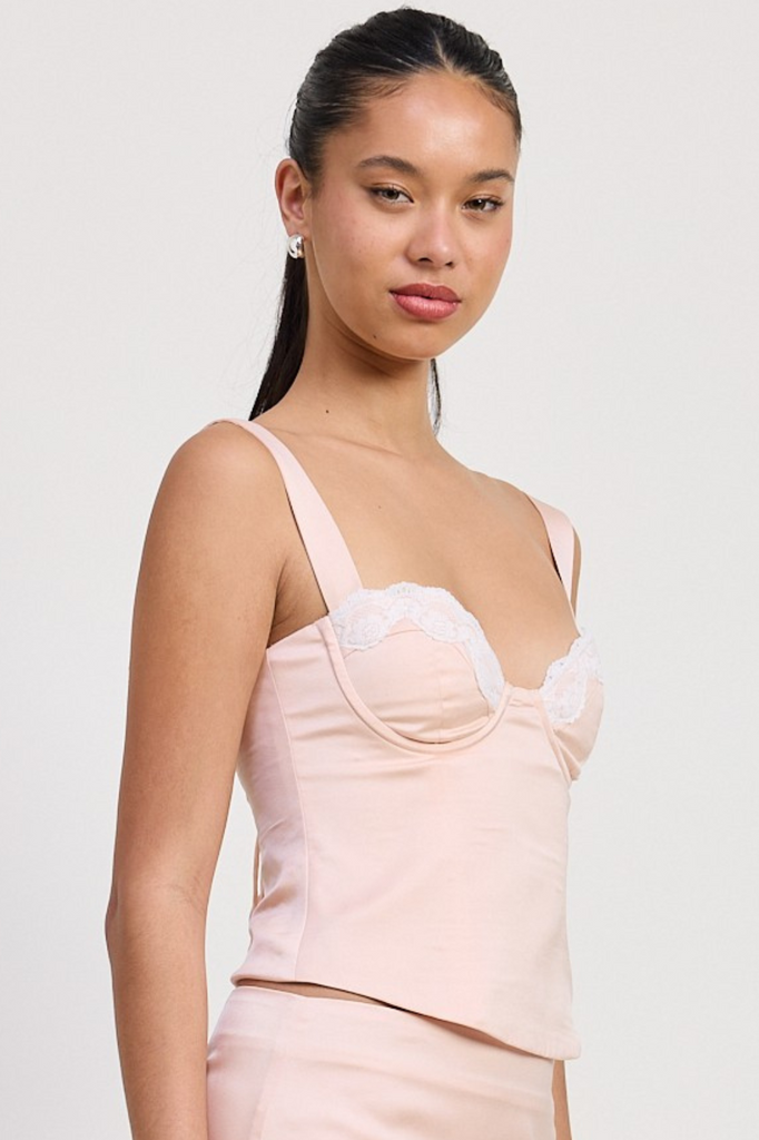 Blush pink bustier top with lace trim
