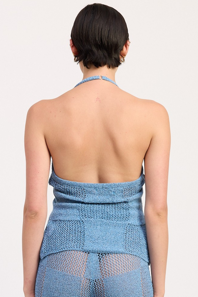 blue crochet tie front halter top