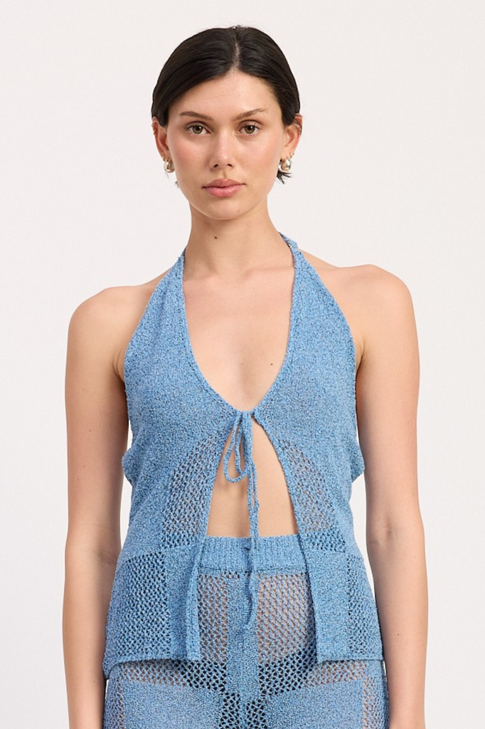blue crochet tie front halter top