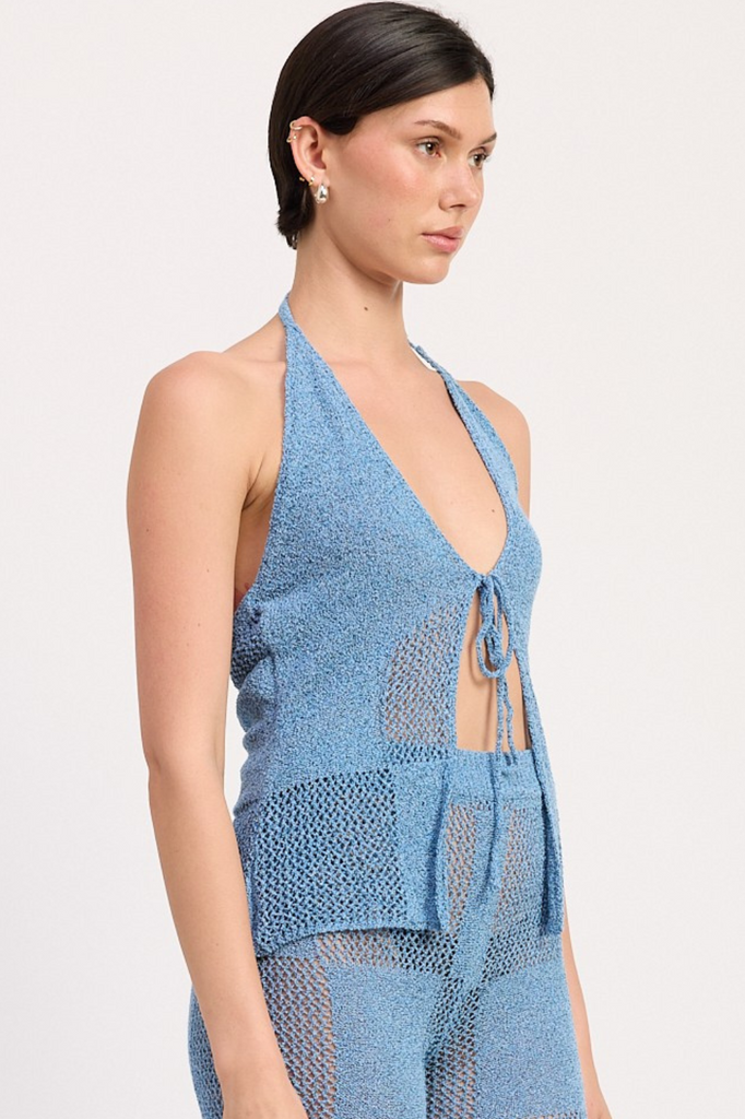blue crochet tie front halter top