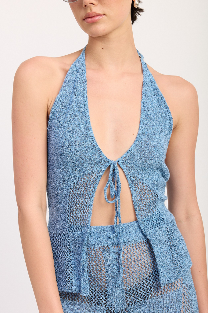 blue crochet tie front halter top