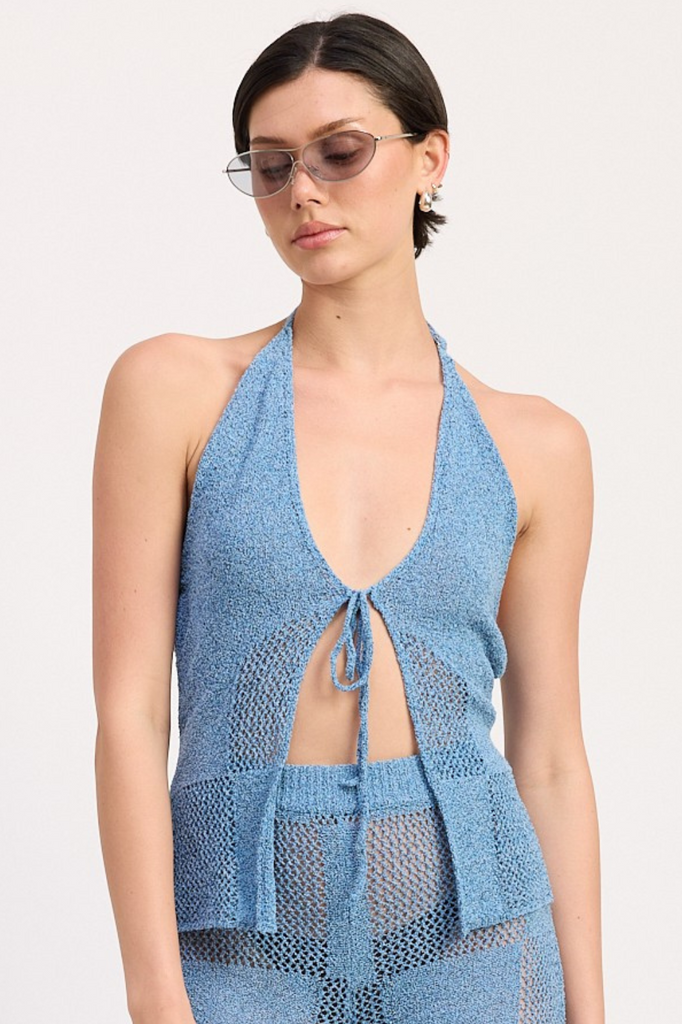 blue crochet tie front halter top