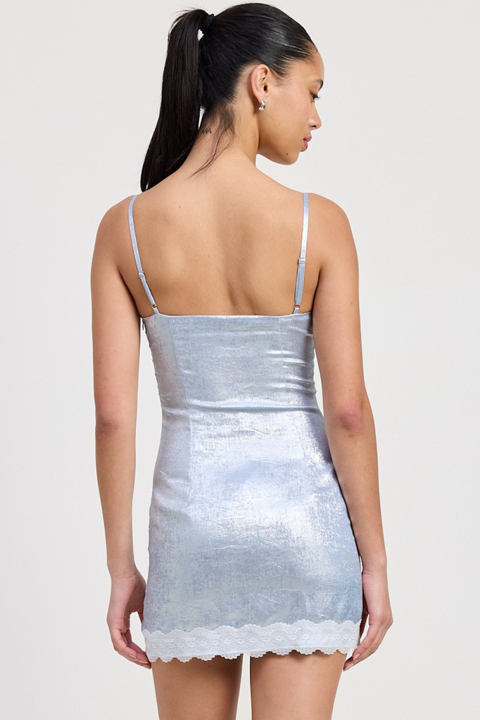 shimmering baby blue satin dress with lace hem