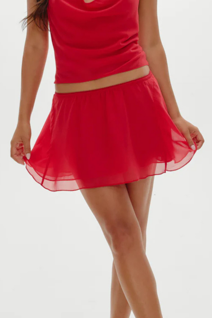 Red chiffon mini skirt