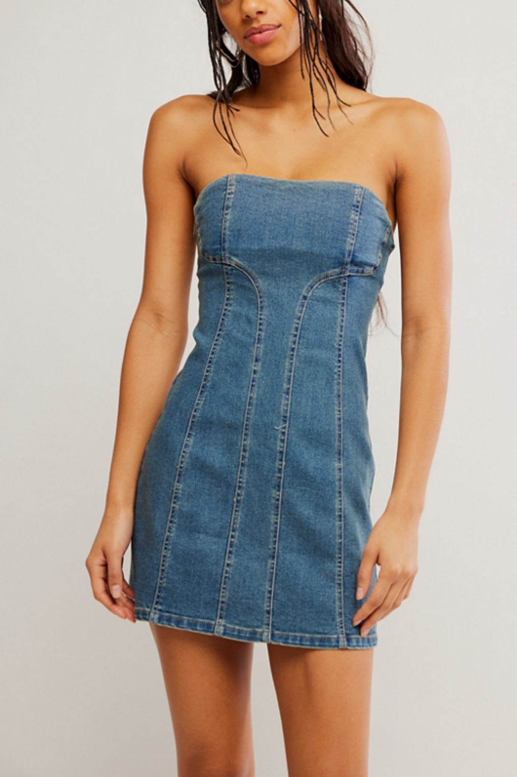Free People | Alexa Fitted Strapless Blue Denim Mini Dress