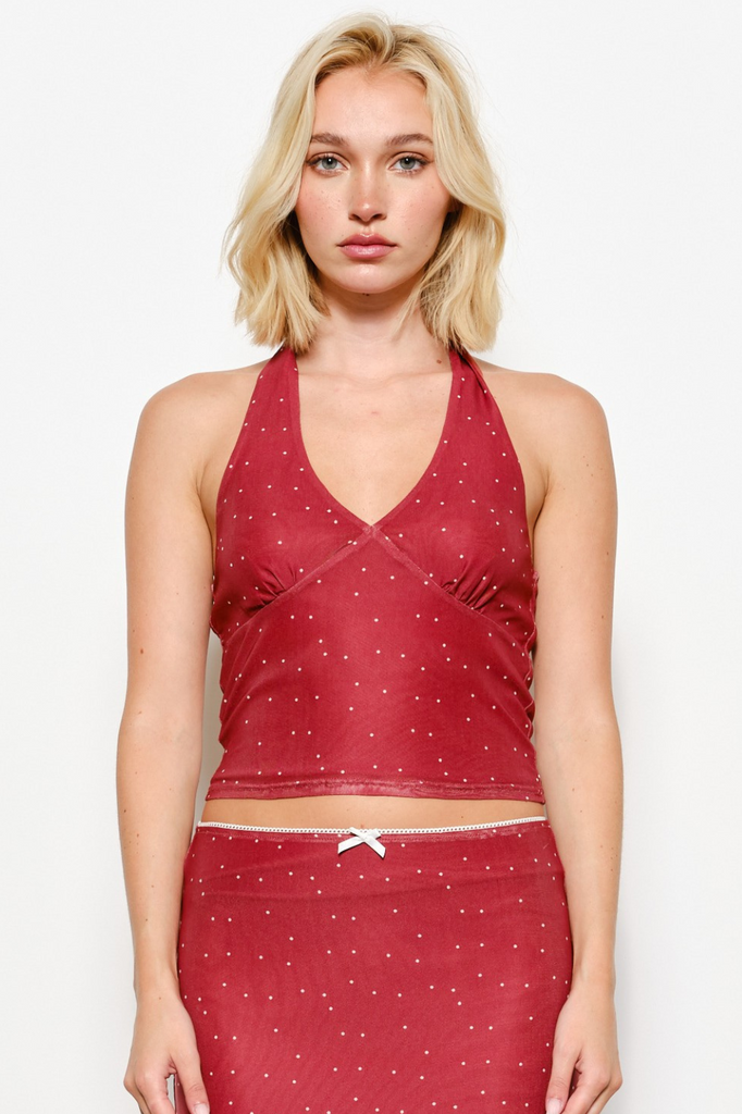 Red with white polka dots halter neck top 