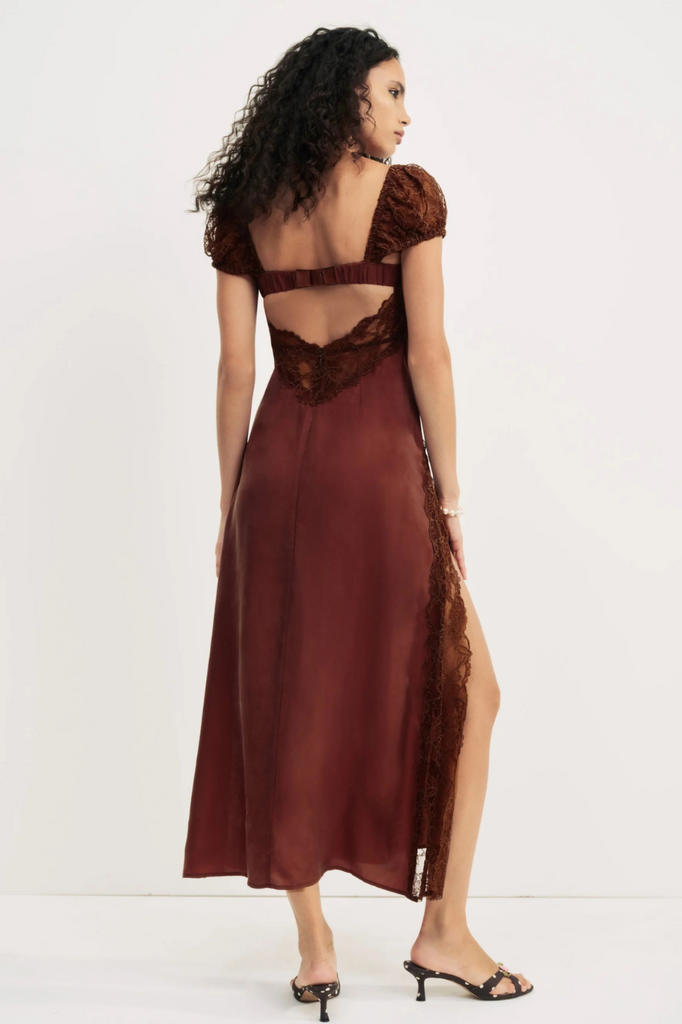 Brown lace and satin v-neck dress with short puff sleeves