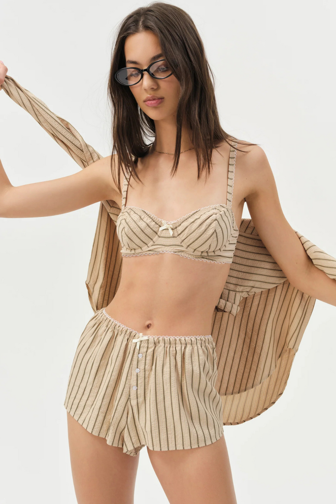 Beige and brown striped seersucker boxer shorts bra and shirt set womens