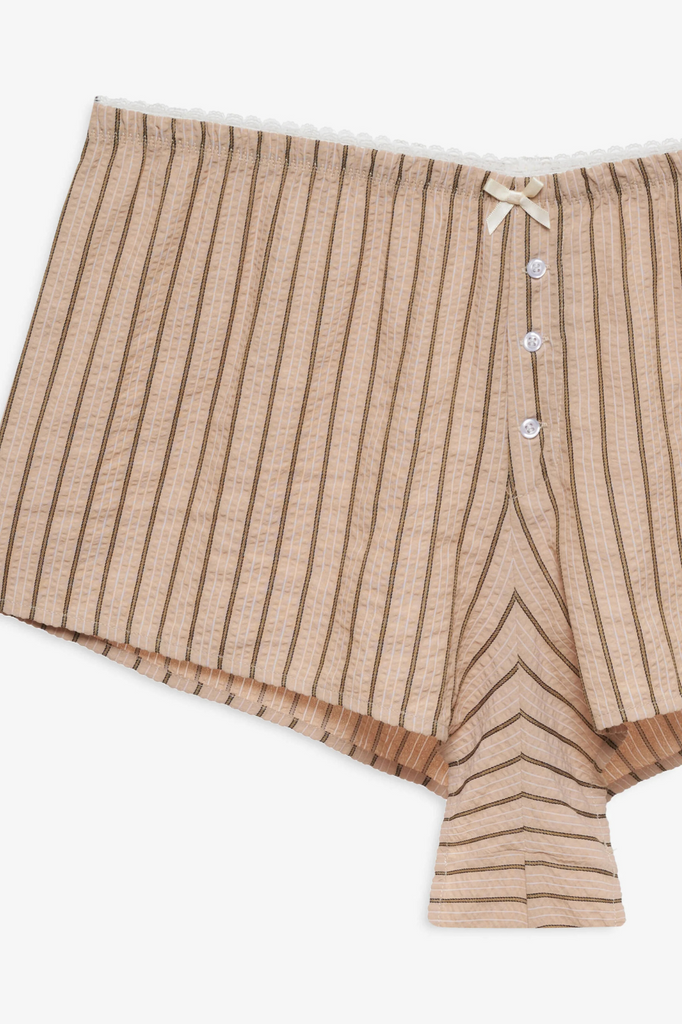Beige and brown striped seersucker boxer shorts womens