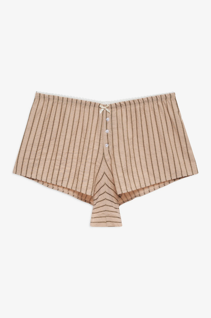 Beige and brown striped seersucker boxer shorts womens