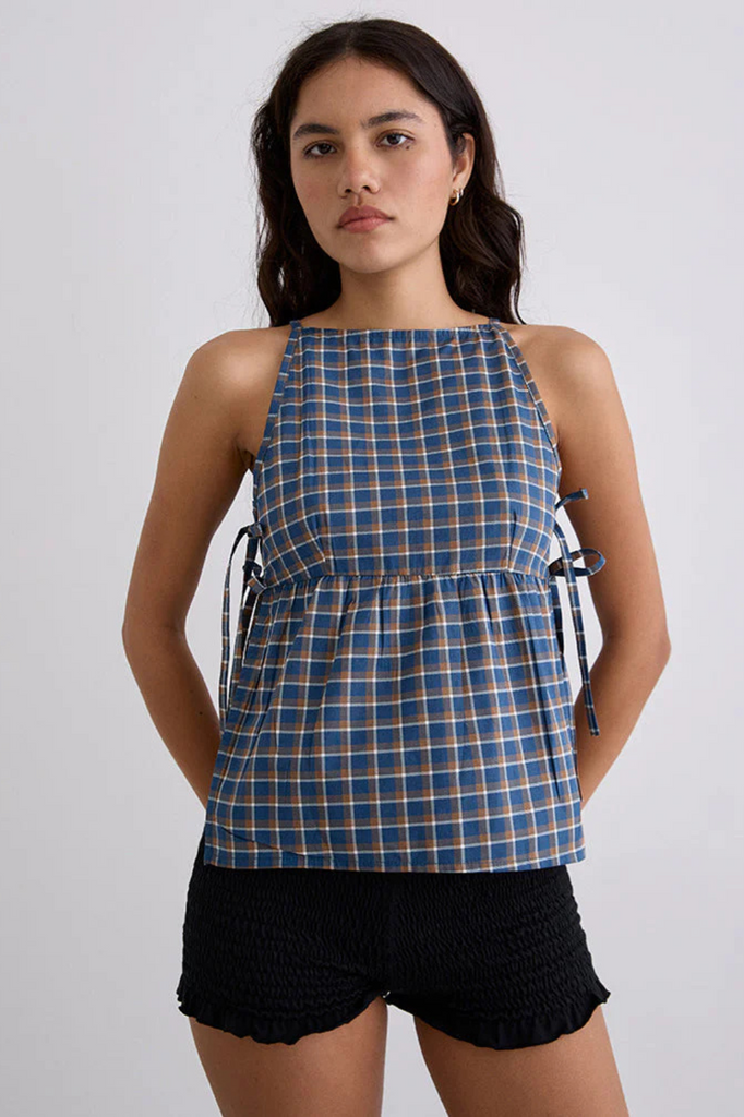 blue green and white plaid cotton tank top