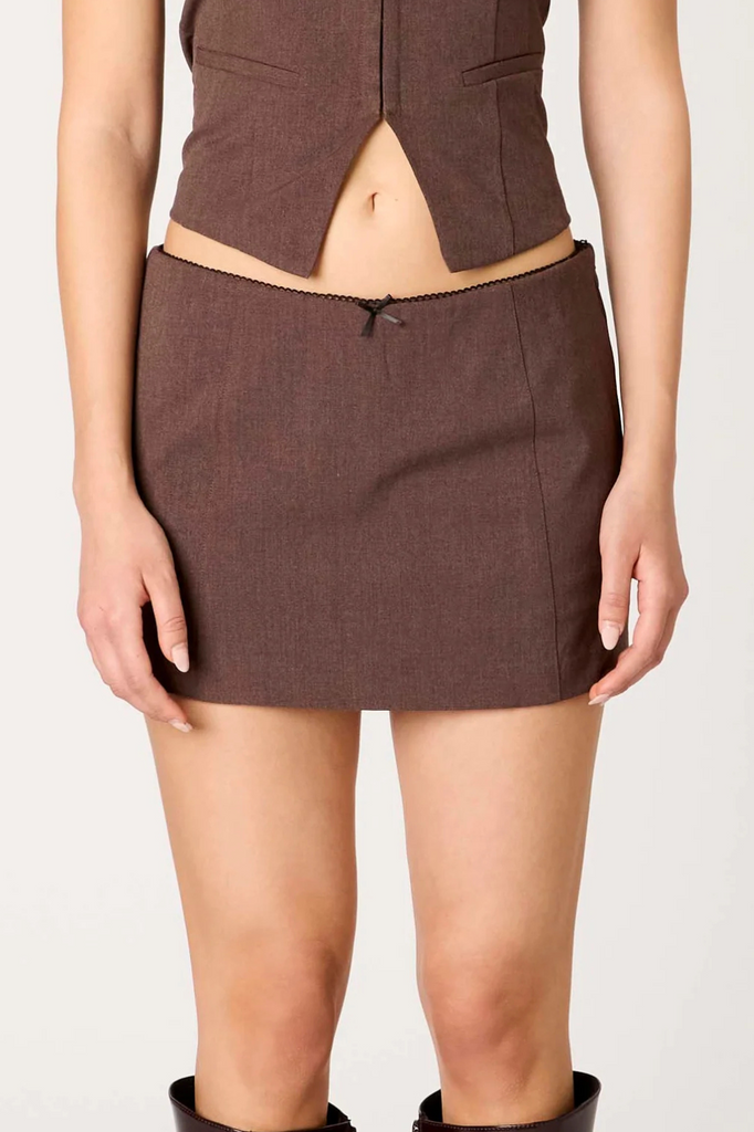 brown mini skort with picot trim