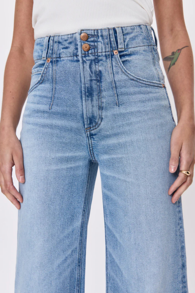 Double button high rise wide legged jeans denim womens