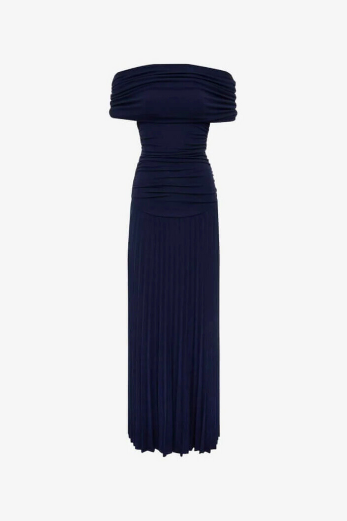Navy blue off shoulder accordion maxi dress