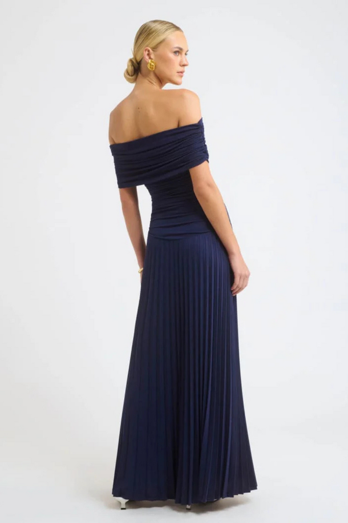 Navy blue off shoulder accordion maxi dress
