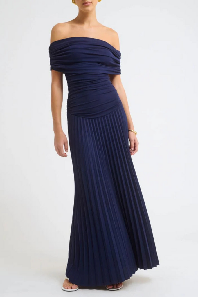 Navy blue off shoulder accordion maxi dress