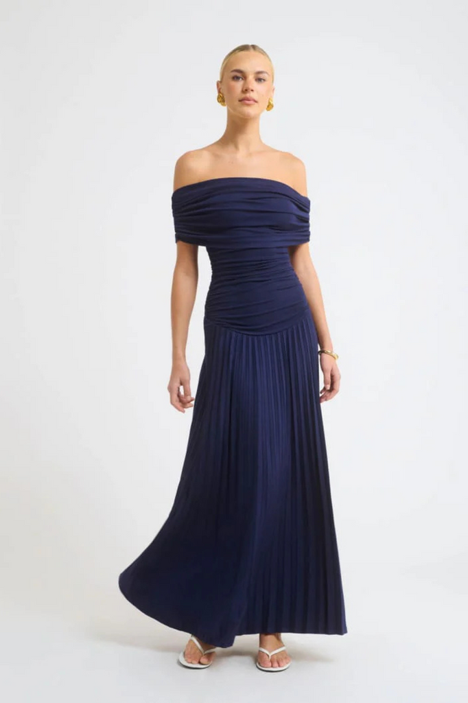 Navy blue off shoulder accordion maxi dress