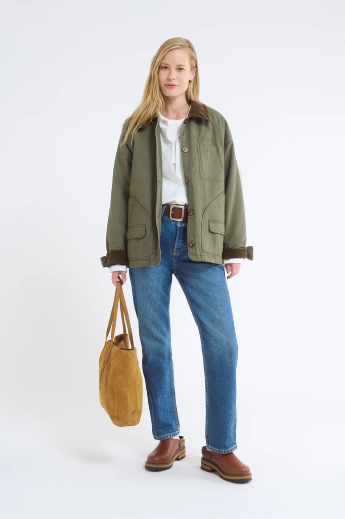 Green cotton barn jacket with brown corduroy collar and cuffs.