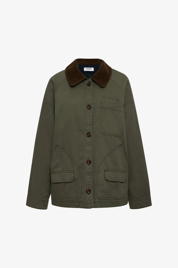 Green cotton barn jacket with brown corduroy collar and cuffs.