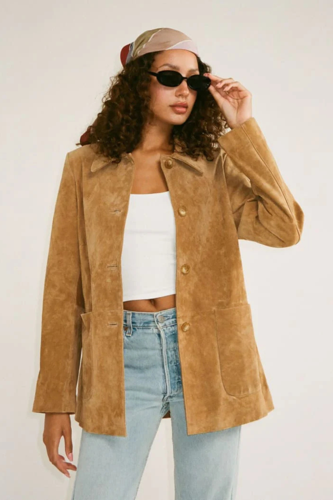 Western-inspired tan genuine suede jacket