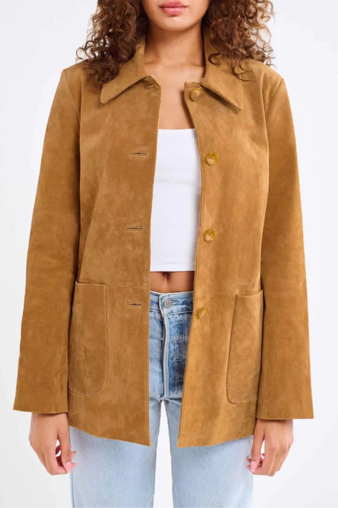 Western-inspired tan genuine suede jacket
