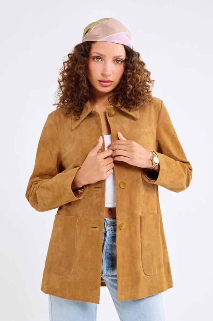 Western-inspired tan genuine suede jacket