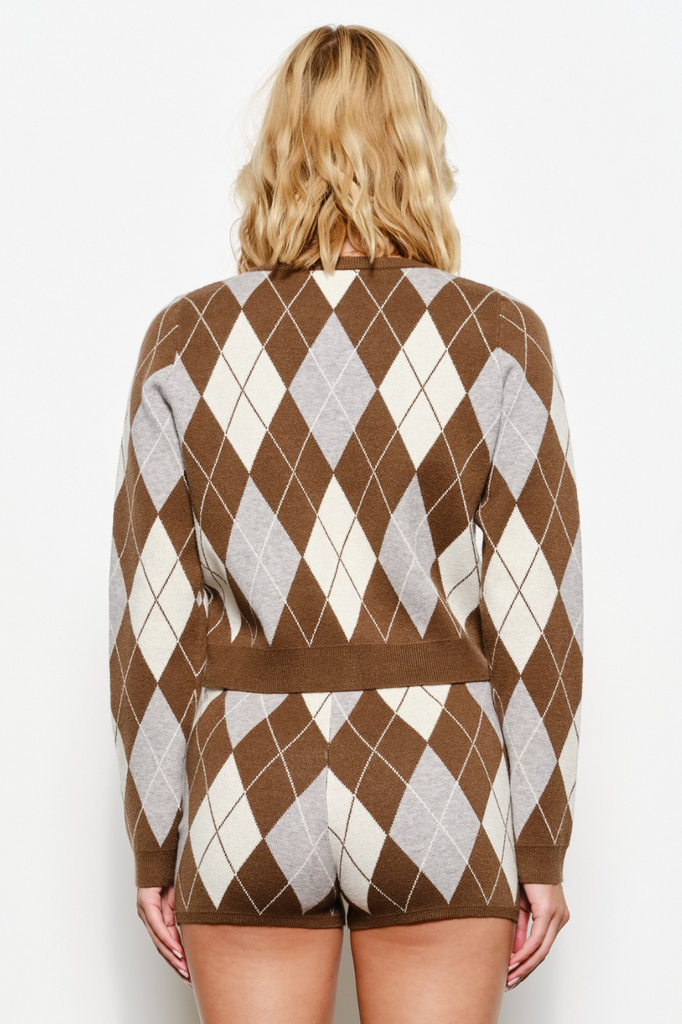 brown grey and cream argyle cardigan set