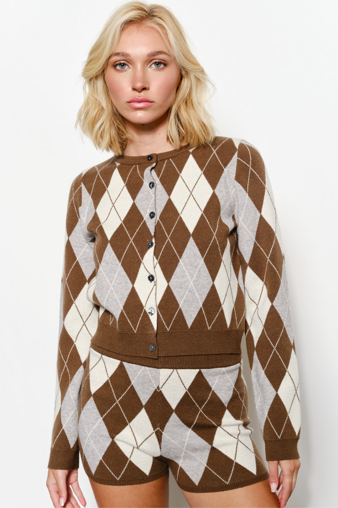brown grey and cream argyle cardigan set