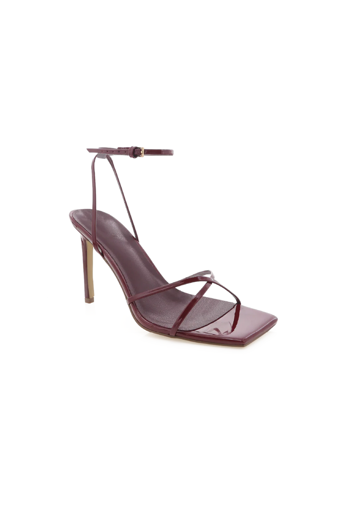 Dark red strappy faux patent leather heel sandal