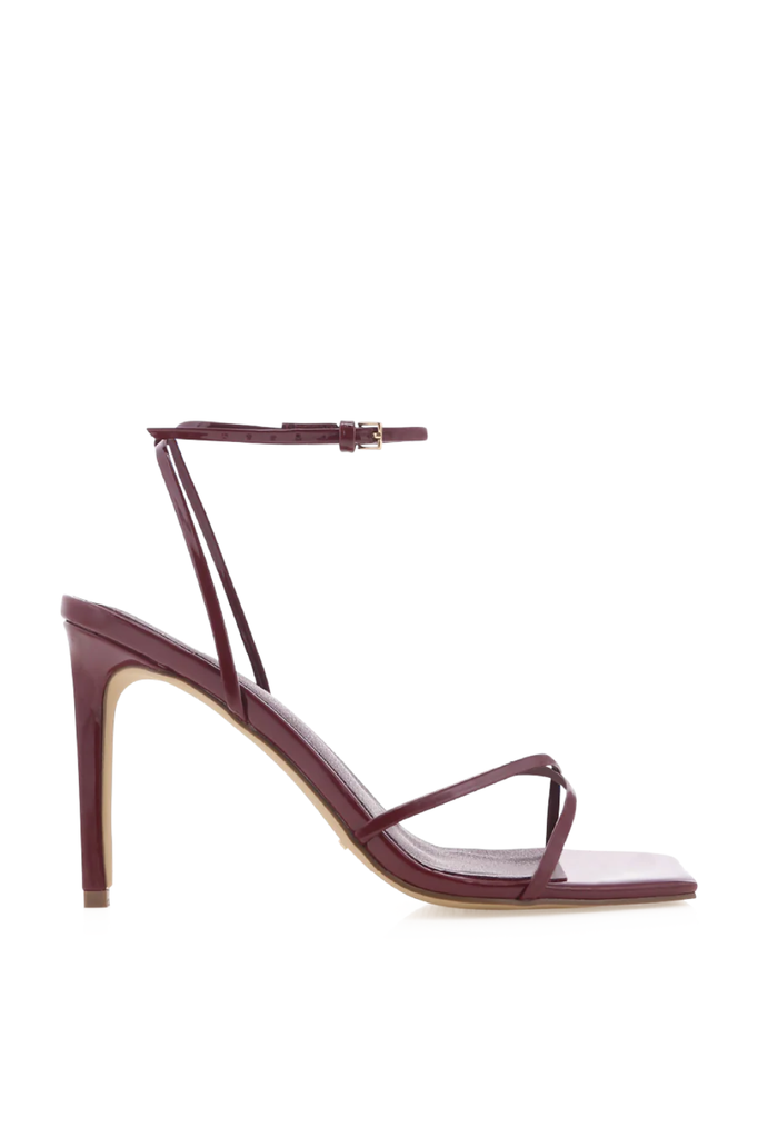 Dark red strappy faux patent leather heel sandal
