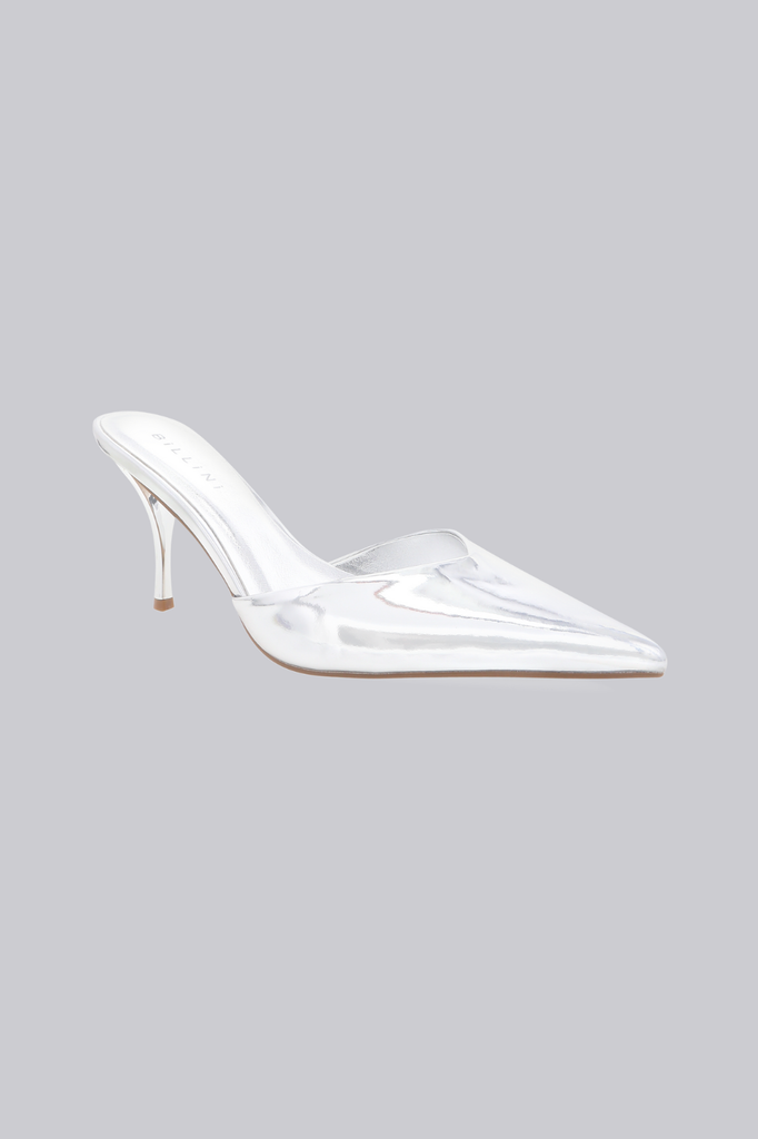 Silver faux patent leather high heels