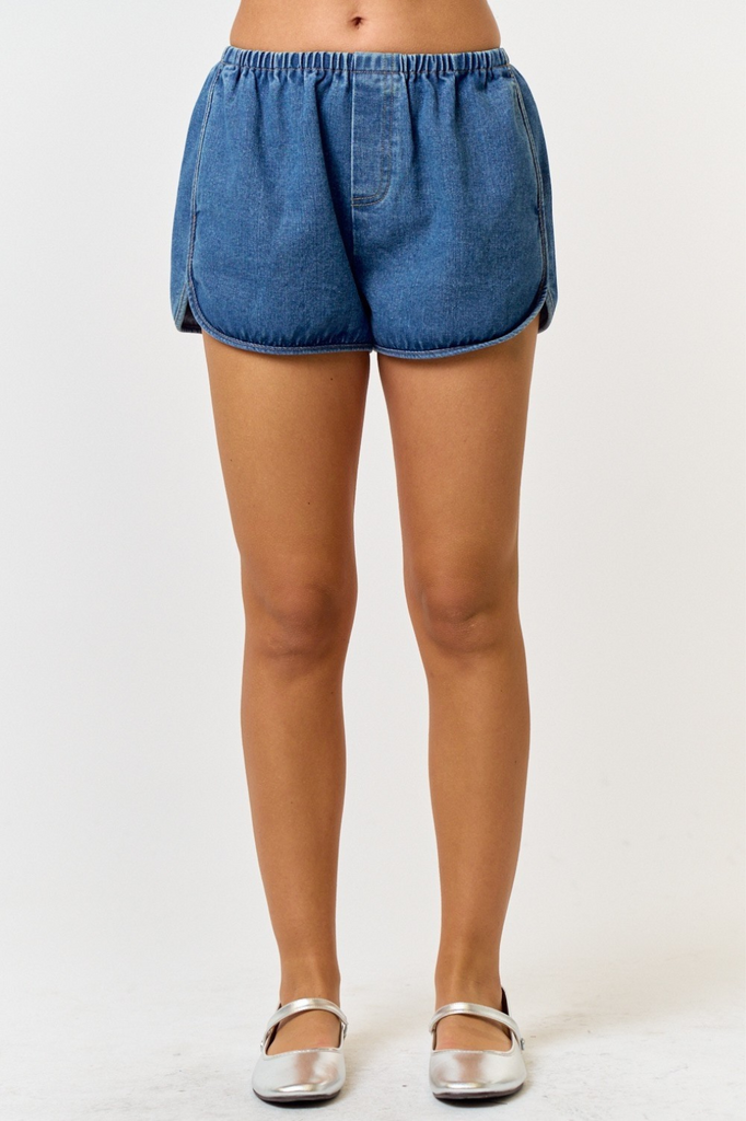 elastic waist blue denim jean shorts