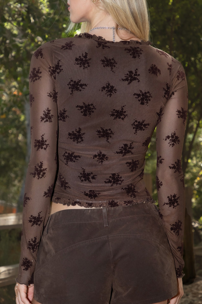 brown button down blouse with sheer mesh floral applique sleeves