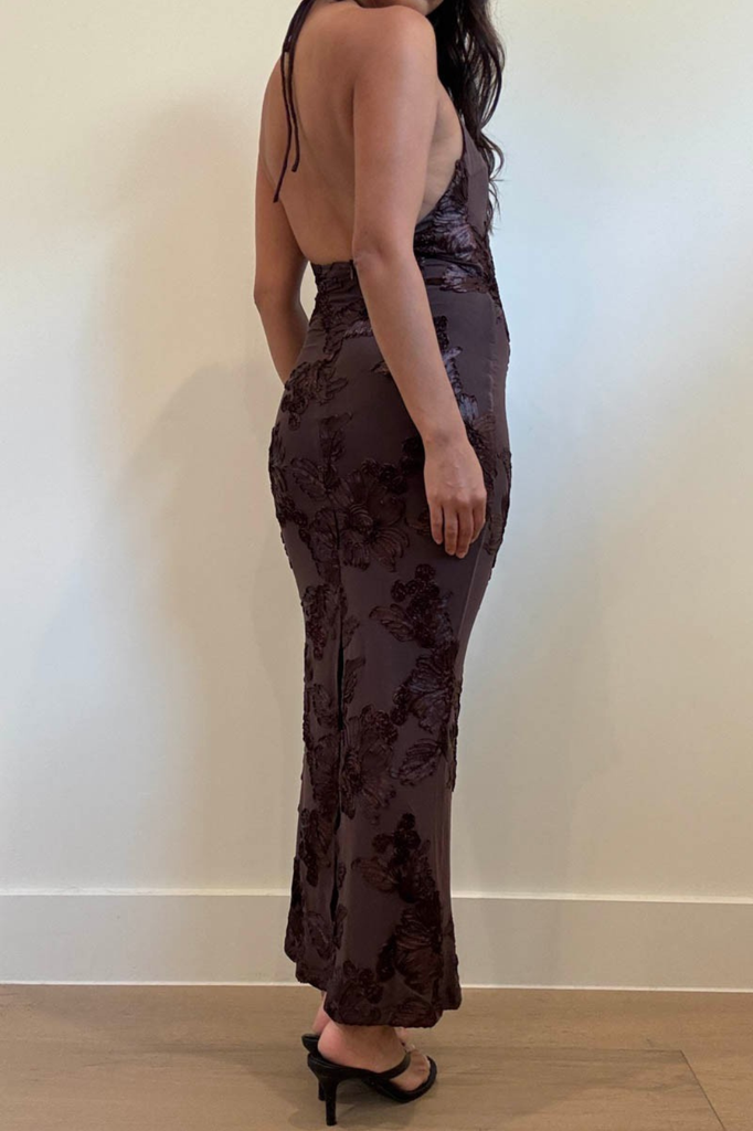 dark brown mesh maxi dress floral satin accents