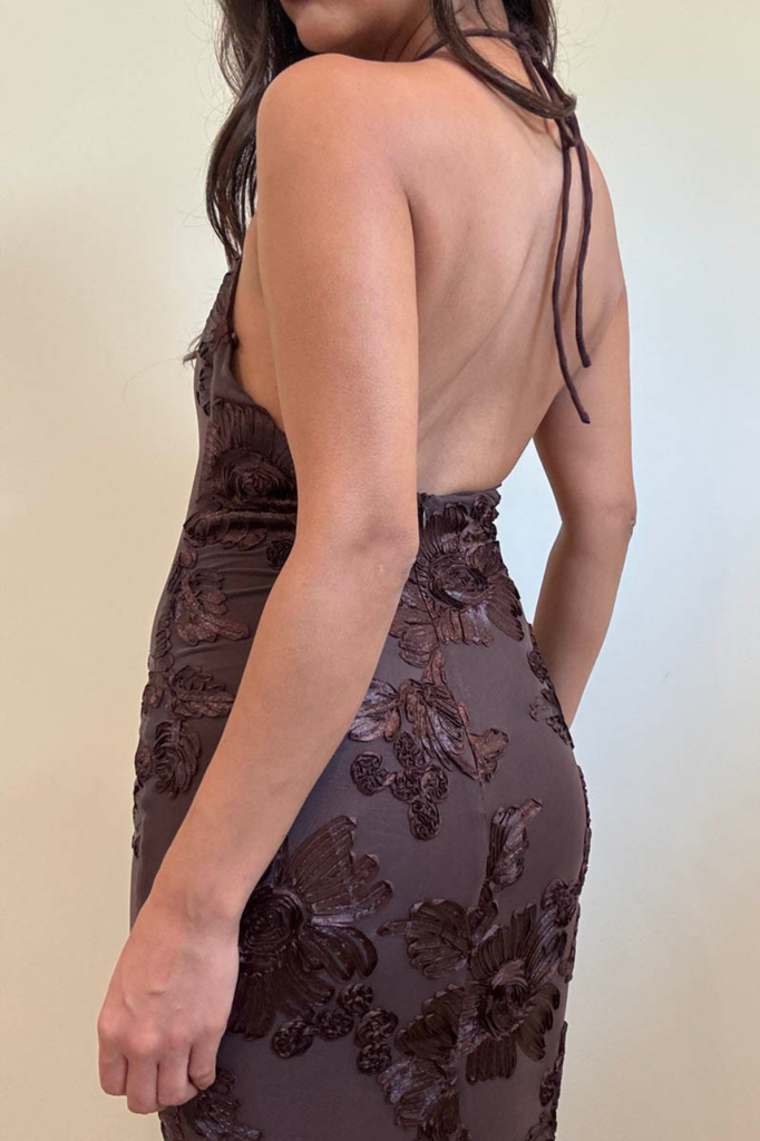 dark brown mesh maxi dress floral satin accents